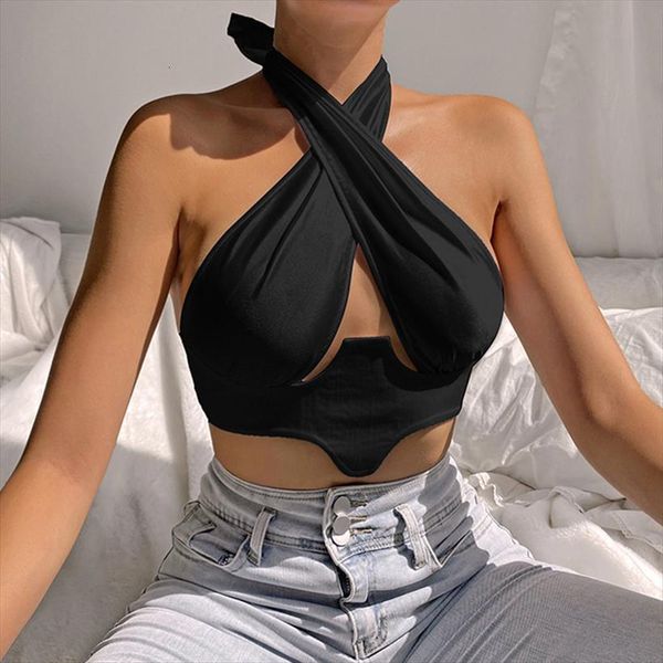 

criss cross chest wrap women camis halter bandage clubwear backless cami summer sleeveless crop bustier black white vest
