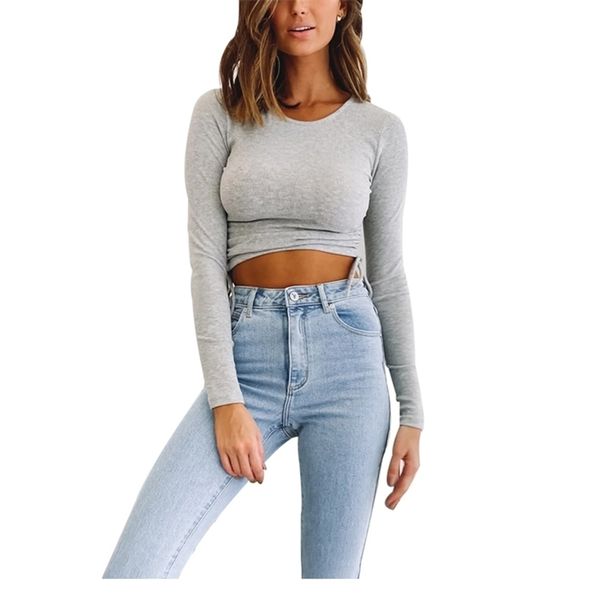 

women t-shirt full length regular sleeve round neck solid color exposed navel slim fitting fashion 210522, White