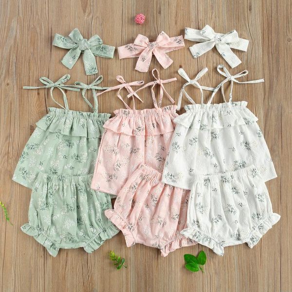 

0-24m born infant girls clothes sets ruffled strap lace up shoulder floral printed shorts hair band 2pcs summer outfits clothing, White