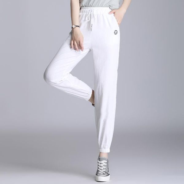 

women's pants & capris oumengka cotton linen for women loose casual solid color female harem trousers plus size capri summer s-4xl, Black;white