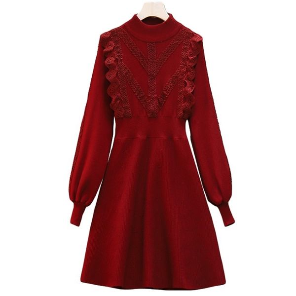 

black khaki red stand collar lace ruffle long sleeve puff knitted fit and flare short mini dress autumn d1554 210514, Black;gray