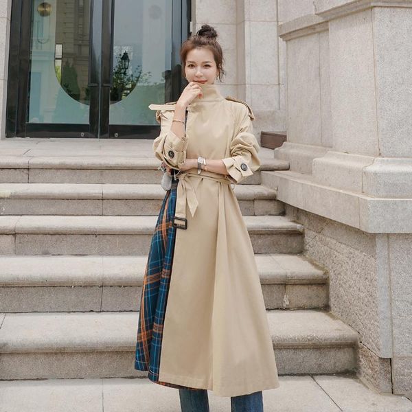 

women's trench coats windbreaker female contrast color stitching korean temperament fad spring autumn loose casual long womens clothing, Tan;black