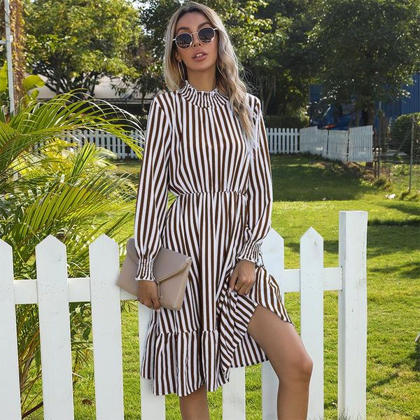 

casual dresses a-line ruffles vestidos striped ladies frocks for women turtleneck long sleeve dress elegant mid-calf vintage, Black;gray