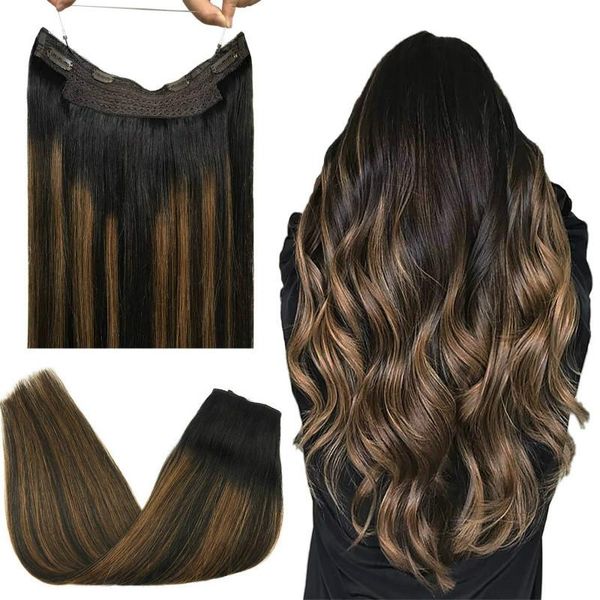 

human hair bulks fish line extension straight halo extensions invisible hidden wire ombre blonde golden remy, Black
