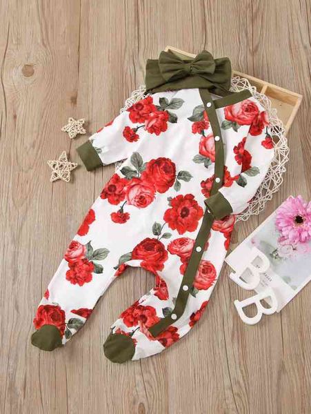 

baby girl floral contrast binding footed jumpsuit with headband she, Blue