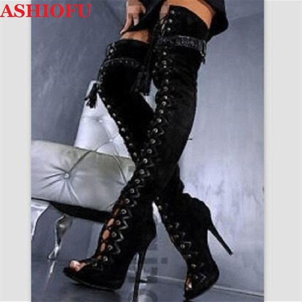 

boots ashiofu handmade ladies over knee cross shoelace club party thigh high evening prom fashion shoes, Black