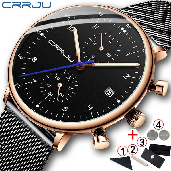 

wristwatches crrju watches men 2021 gold black fashion quartz wrist watch man waterproof male wristwatch, Slivery;brown