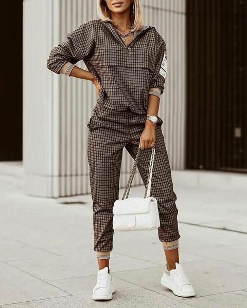 

women's two piece pants 2021 plaid print zipper front hooded & set, White