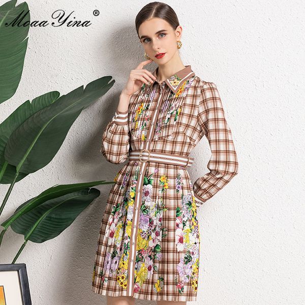 

summer fashion designer elegant shirt style dress women lantern sleeve floral print vintage plaid mini 210524, Black;gray