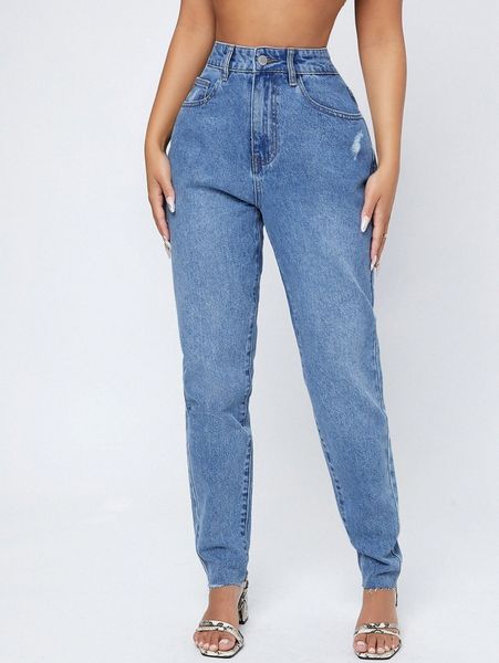 

curvy high waist raw hem ripped mom jeans u5sl#, Blue