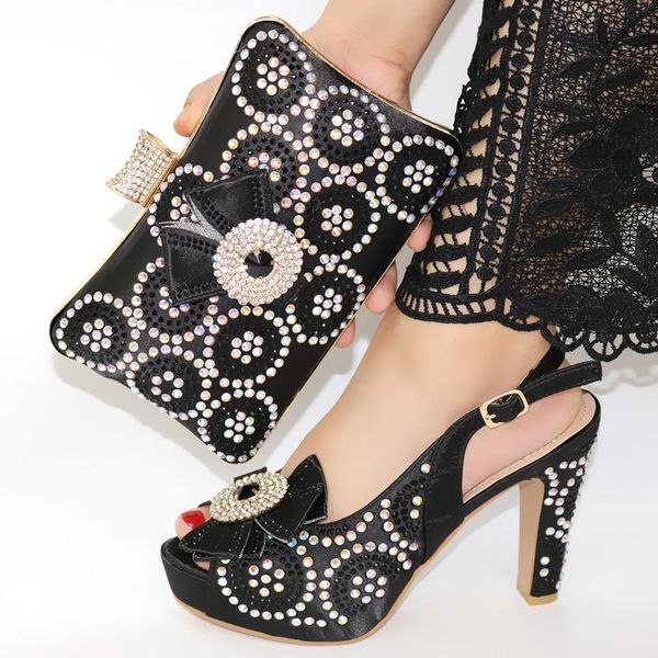 

est style black color african women matching italian shoes and bag set decorated with rhinestone ladies shoe dress