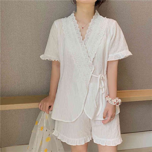 

sleepwear cotton ruffles v-neck summer korean chic sweet homewear women loose all match brief pajamas sets, Black;red