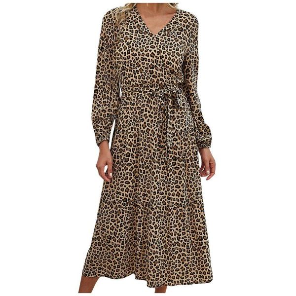 Abito casual in poliestere da donna autunno alla caviglia per ragazze taglie forti con scollo a V con stampa leopardata abiti lunghi larghi naturali