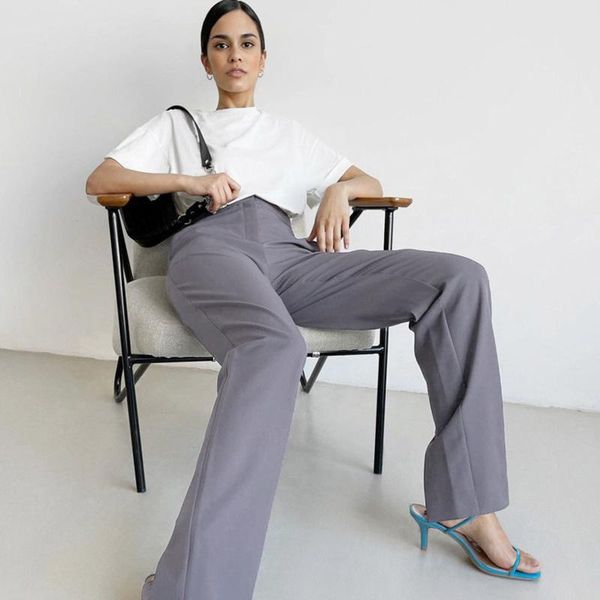 

women's pants & capris high waist slim straight trousers female vintage ol office suit 2021 summer solid long women casual harajuku, Black;white