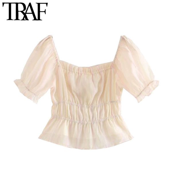 

women sweet fashion ruffled stretch cropped blouses vintage square collar puff sleeves female shirts chic 210507, White