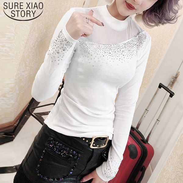 

fashion hollow mesh vertical collar long sleeve women shirts autumn slim splice women blouse and plus size 7854 50 210527, White