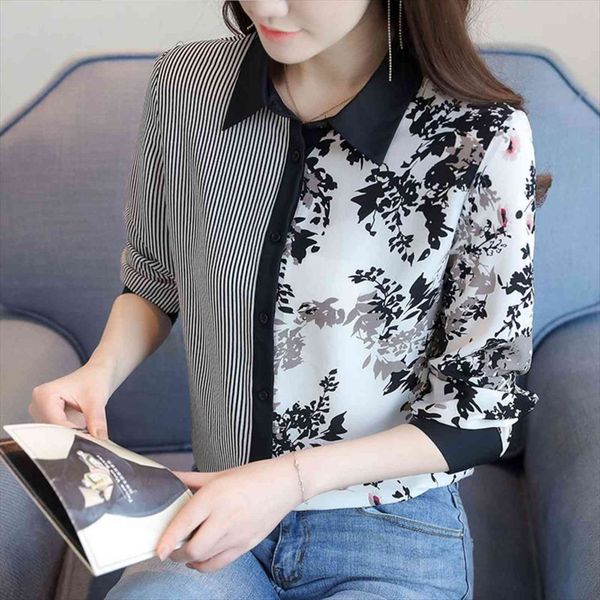 

korean chiffon striped womens shirts long sleeve print plus size, White