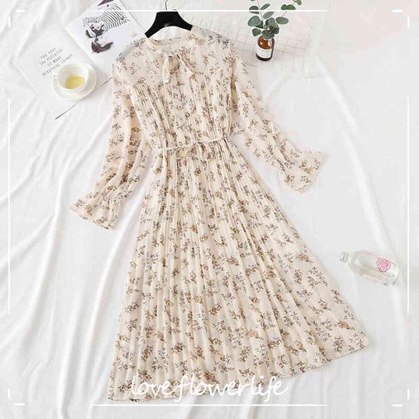 

floral print chiffon dress women spring summer loose long sleeve ruffles pleated long dress bow vintage femme vestidos 210521, Black;gray