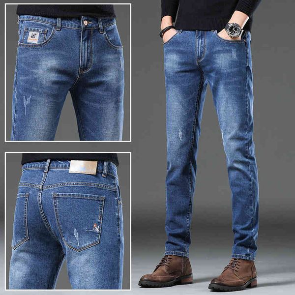 

spring and autumn jeans men's elastic slim leggings youth korean fashion trend casual pants, Blue