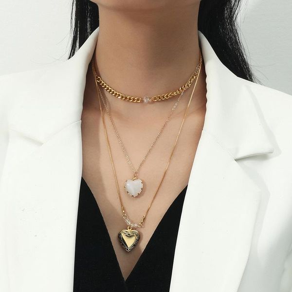

pendant necklaces stylish three layers white color opals love heart necklace for women ladies metallic thin chain accessories, Silver
