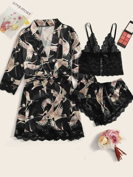 

women's sleepwear pajamas silk like home wear underwear and night, Black;red