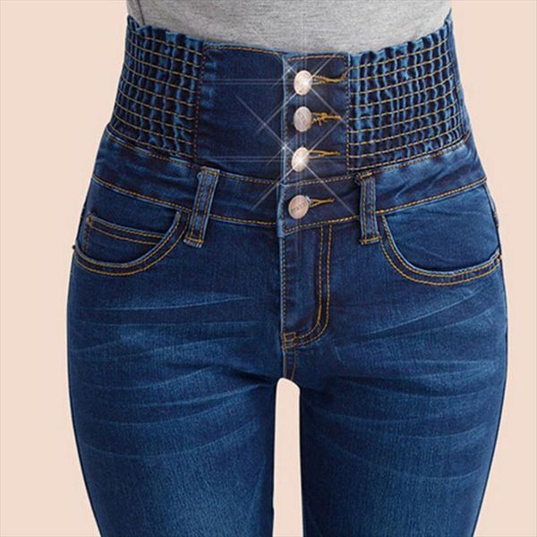 

spring high waist pencil pants women jeans elastic single breasted trousers for plus size summer leggings woman, Blue