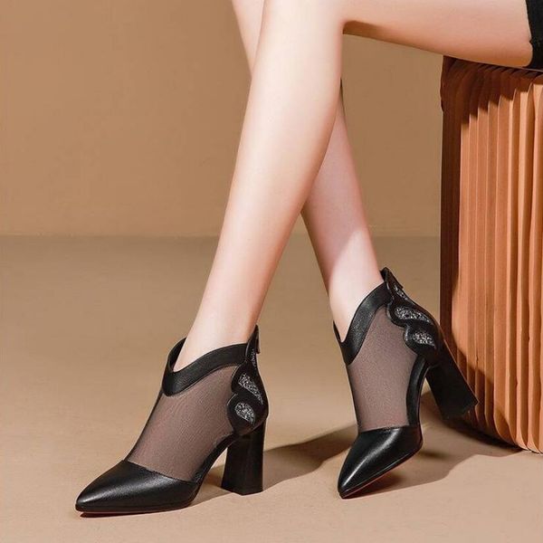 

high heeled sandals boots women pumps mesh summer heels pointed toes thick heel hollow out shoes female black beige
