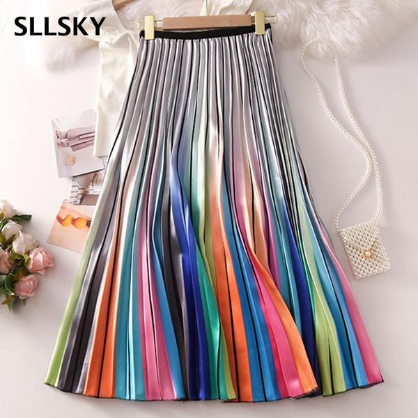 

skirts sllsky fashion rainbow printted women elastic band waist pleated female high elegant mid calf long, Black
