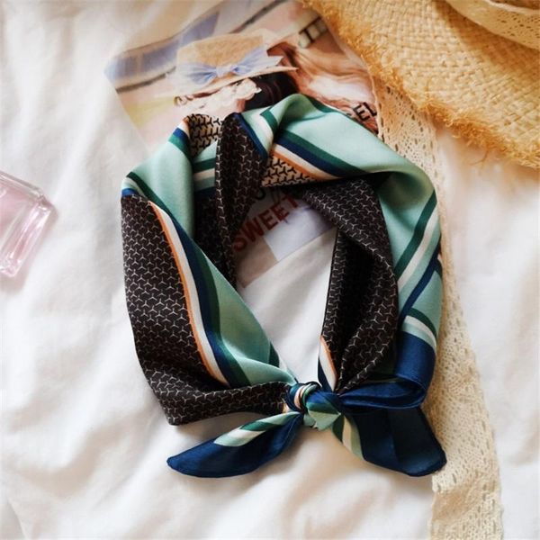 

scarves luxury real silk scarf women geometric striped small size bag fashion girls headband summer headwear wrap, Blue;gray