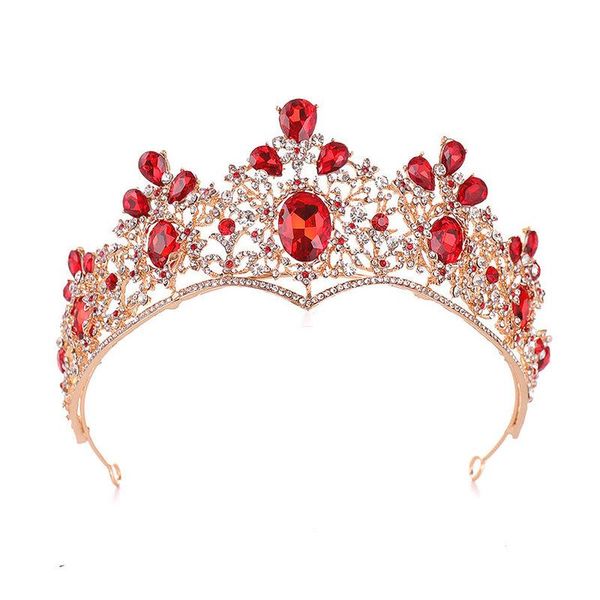 Copricapo Luxury Gold Bridal Red Teardrop Crystal Rhinestone Tiara Crown Wedding Sposa Accessori per capelli Quinceanera Pageant Diademi LXH