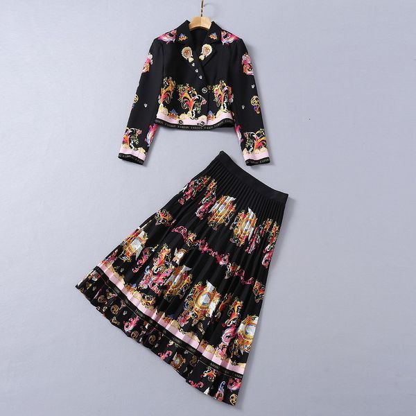 

dress european and american women's wear winter style long-sleeved retro print coat pleated skirt fashion suits pyng, White