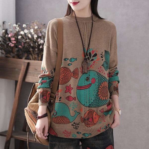 

women's sweaters 2021 retro artsy autumn winter sweater women loose casual fish print jumper fashion pullover long sleeve streetwear, White;black