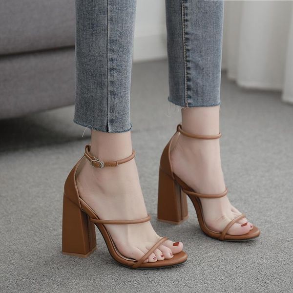 

women fashion buckle strap square high heels sandals summer peep toe ladies shoes gladiator sandalias size 35-42, Black