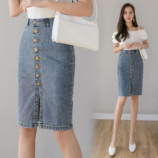 

skirts spring and summer denim single-breasted high waist package hip women front split skirt, Black
