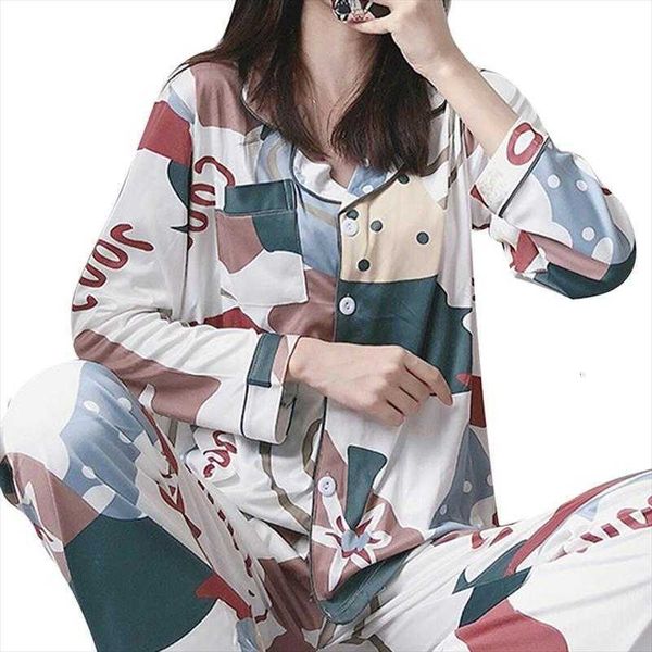 

pajamas set spring autumn womens sleepwears 2 casual turn down long sleeve cartoon nightwear girl plus size, Black;red