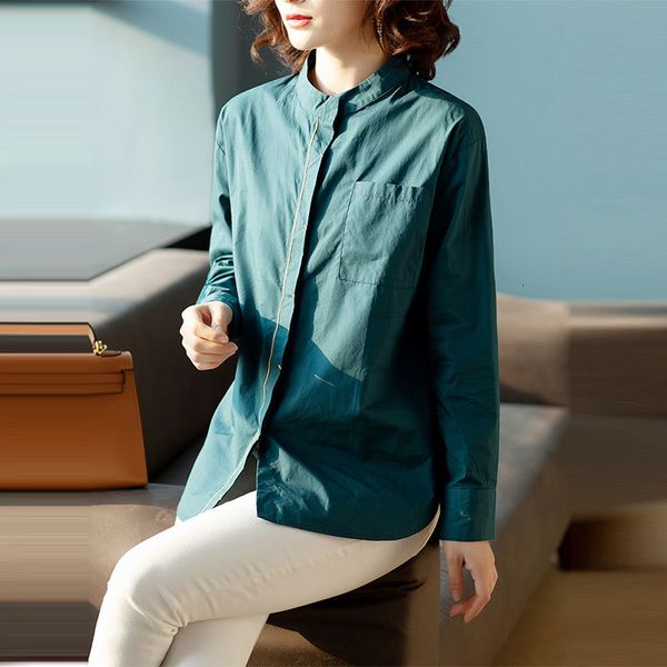 

women's blouses & shirts spring women long sleeve stand collar loose green single pocket embroidery casual blouse femme plus, White