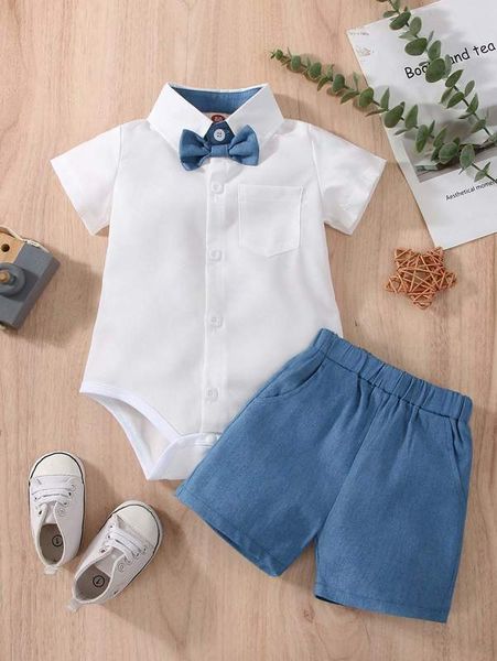 

baby pocket patched bow front bodysuit & shorts she, White
