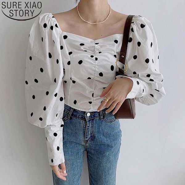

women's blouses & shirts spring square collar white black vintage blouse casual shirt women korean fashion polka dot long puff sleeve
