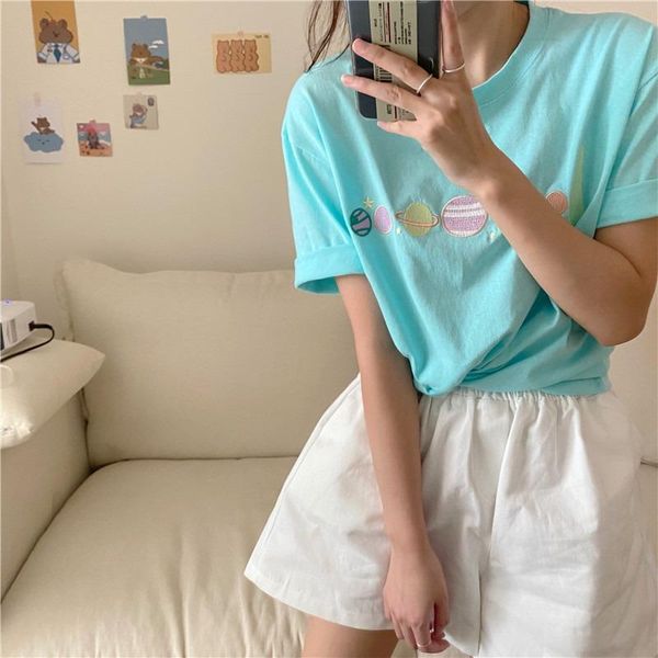 

women's t-shirt summer fashion shirt embroidery t women base o-neck black tees girls tshirt, White
