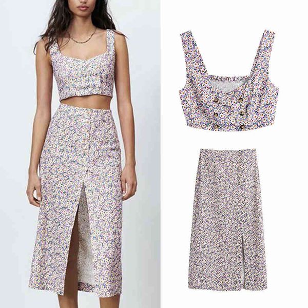 

2 pieces za summer women sets +skirts elegant sleeveless short shirt casual square collar chic dress 210422, White