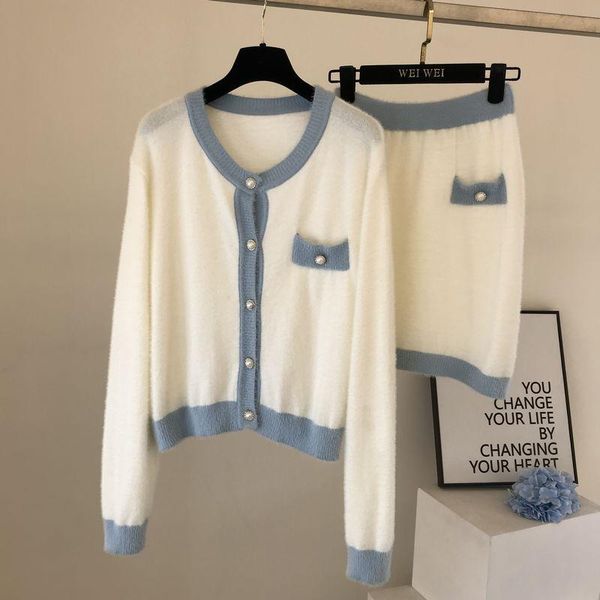 

women's tracksuits 2021 fall knitted 2 piece set women long sleeve patchwork cardigans sweater and short elastic waist skirt hairy soft, Gray