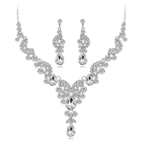 

earrings & necklace jewelry set fashion drop crystal elegant bride wedding party accessories anniversary gift, Silver