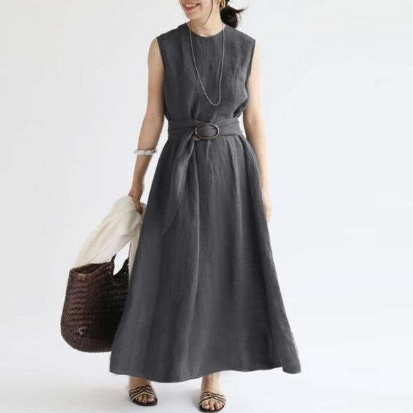 

casual dresses women o neck sleeveless sundress zanzea summer elegant work ol solid a-line party dress loose maxi vestidos sarafans 5xl, Black;gray