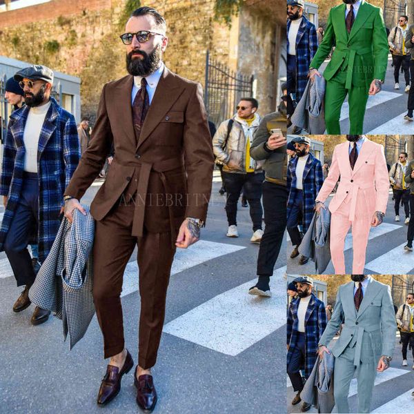 

men's suits & blazers brown fashion men suit 3 pieces with belt tailored business casual slim fit groom wedding tuxedo jacket vest, White;black
