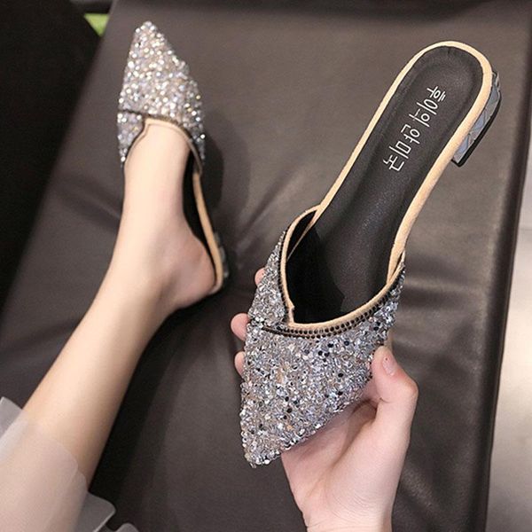 

ladies cover toe slippers soft shoes mules for women 2021 slides fashion low pointed flat luxury basic pu rubber, Black