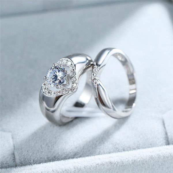 

wedding rings vintage female white crystal stone ring cute silver color for women dainty hollow love heart engagement set, Slivery;golden
