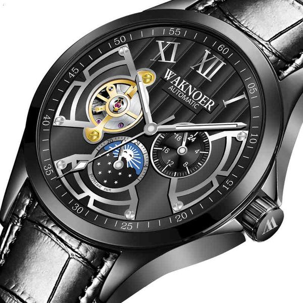

waknoer business men's mechanical leather sport men waterproof automatic watch male clock auto date luxury watches, Slivery;brown