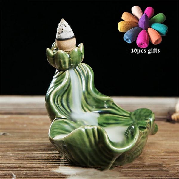 

fragrance lamps ceramic green lotus backflow incense burner glaze holder porcelain smoke waterfall censer + 10pcs cones