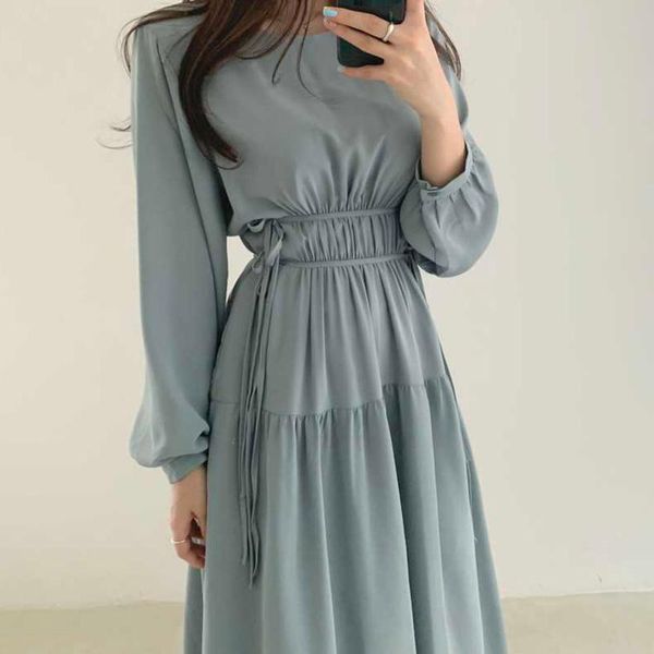 

casual dresses whcw cgdsr 2021 a-line woman elegant long sleeve korean style loose dress women vintage party autumn winter solid vestid, Black;gray