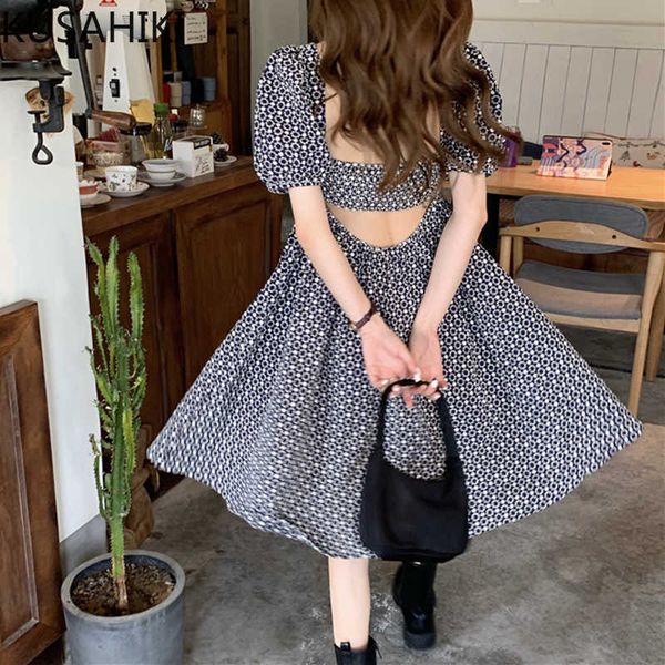

floral women dress square collar puff sleeve dresses spring summer back hollow-out sweet vestidos de mujer 6f677 210603, Black;gray